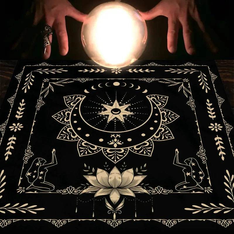 Black astrology tarot tablecloth with crescent moon star mandala lotus and kneeling figures for divination
