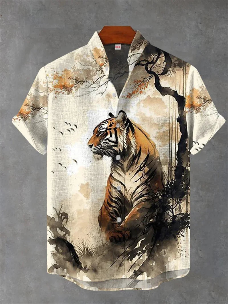 ✨ Sovereign Tiger Retro-Linen Hawaiian Shirt: Men’s Ultra-Breathable Short Sleeve Summer Top with 3D High-Definition Animal Print & Streetwear Casual Style (2026 Collection) SFQQQD1618