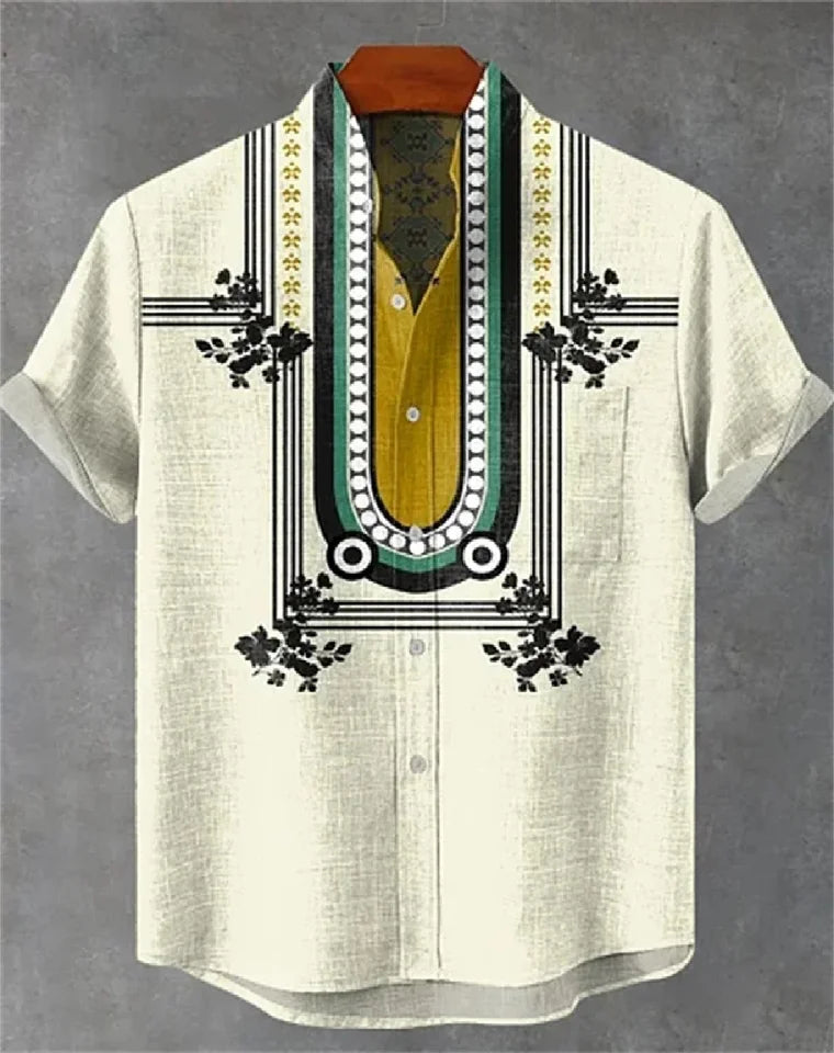 🌍 The Ethnic Heritage Edition: Premium Men’s Retro Linen Shirt – High-Definition Tribal Graphic Print, Breathable Organic Cotton-Linen Blend, and Sophisticated Modern-Fit Holiday Streetwear