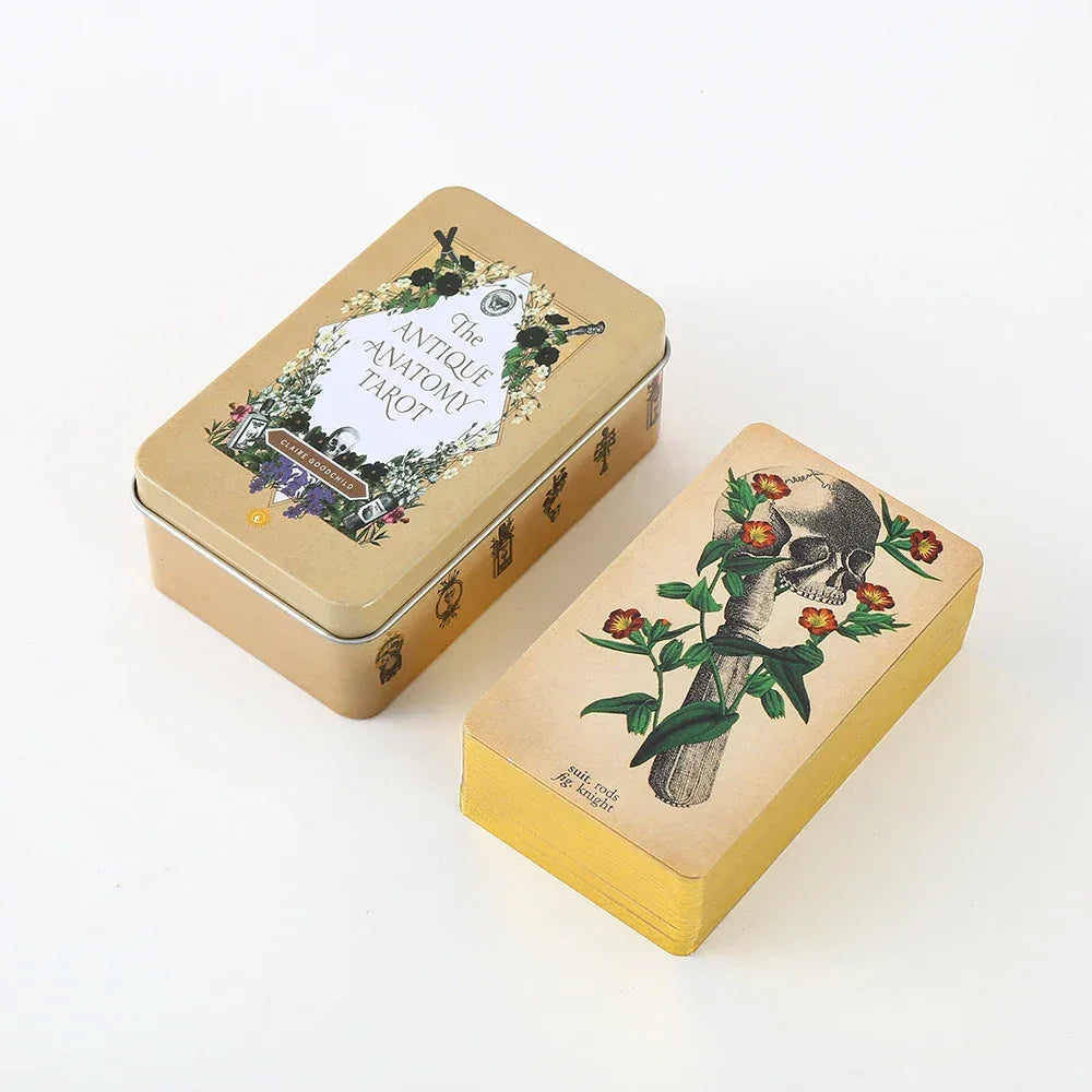 New Hot Tarot Cards – 78-Card Vintage Deck with Green-Plated Edges in Metal Tin Box (10×6 cm) & Paper Manual for Divination Board Games THTC01