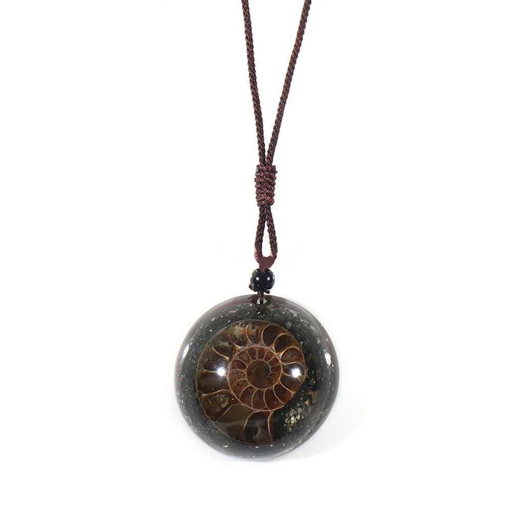 🌀 7 Chakra Spiral Healing Pendant: Resin Ammonite Necklace with Natural Crystal Chips – Adjustable Gemstone Jewelry for Energy Balance & Spiritual Gifts Pyrite Pendant