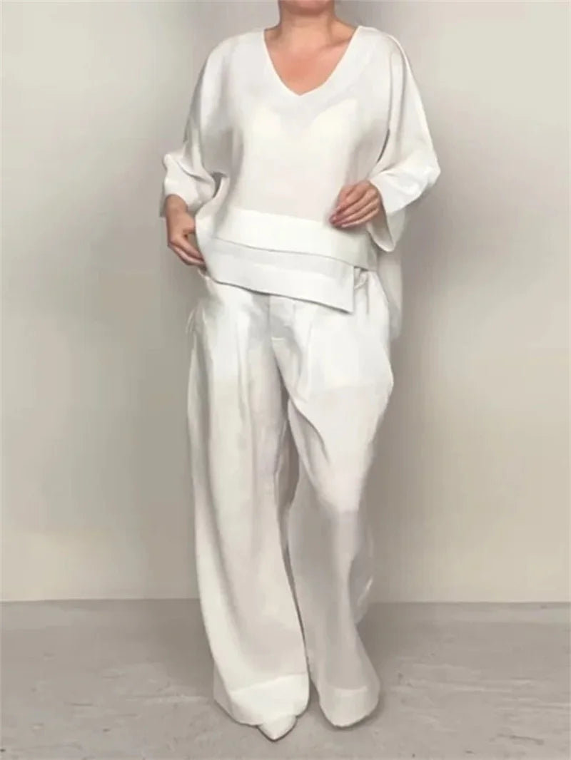 🌿 The Ethereal Asymmetry Set: Premium Women’s 2-Piece Cotton-Linen Ensemble – Avant-Garde Asymmetric Tunic, Three-Quarter Sleeve Comfort, High-Waist Wide-Leg Trousers, and Sophisticated Breathable Summer Lounge Set (S-3XL)