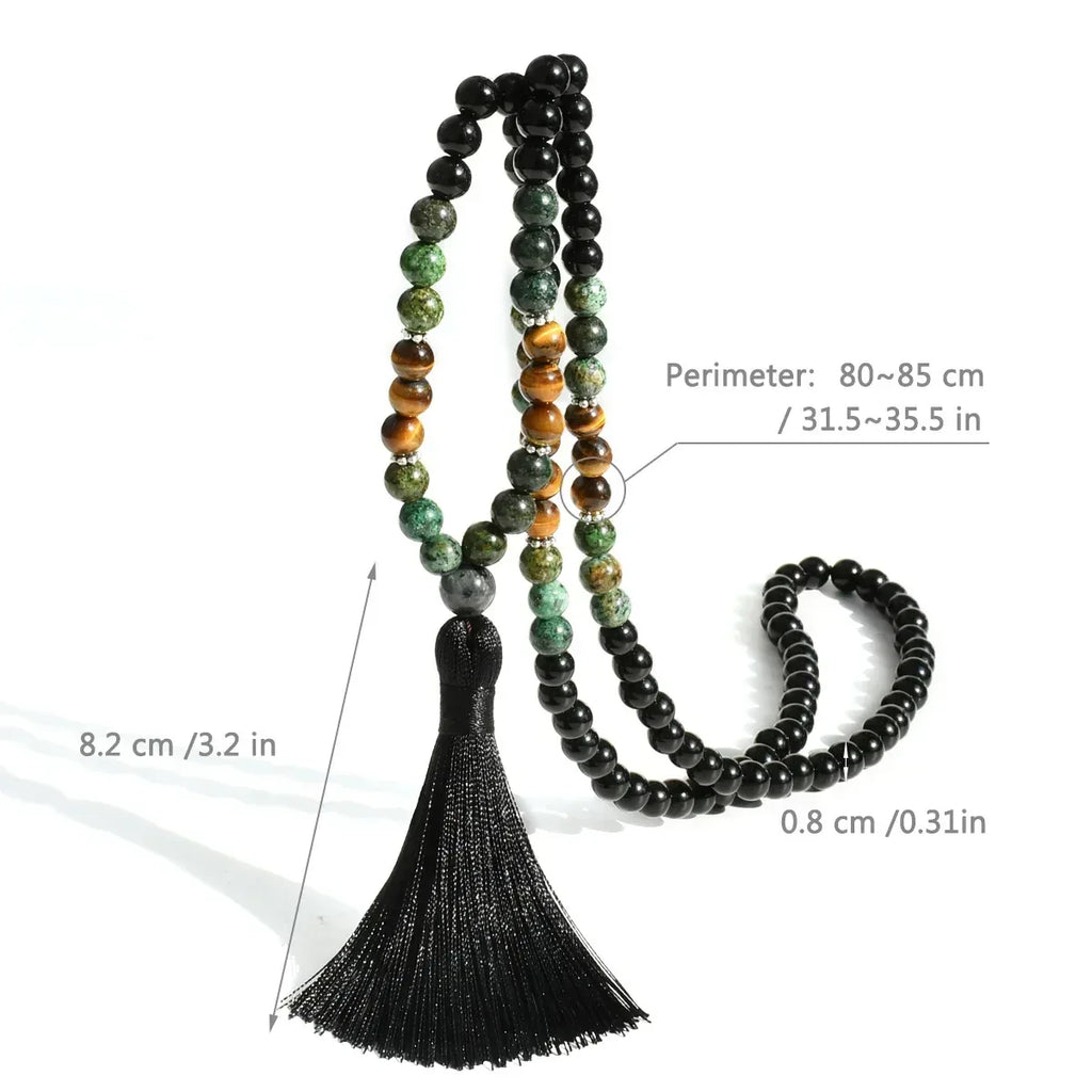 📿 The "Zen Guardian" 108 Mala: Black Agate & Tiger Eye Traditional Chinese Prayer Necklace