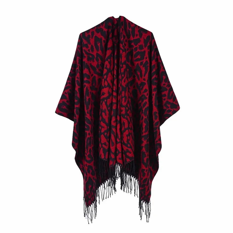 Winter Fashion Poncho Women Capes Scarf Imitation Cashmere Ladies Scarves Warm Shawls Wraps Woman Ponchos Bufanda Mujer Foulard One Size 5Leopard-red