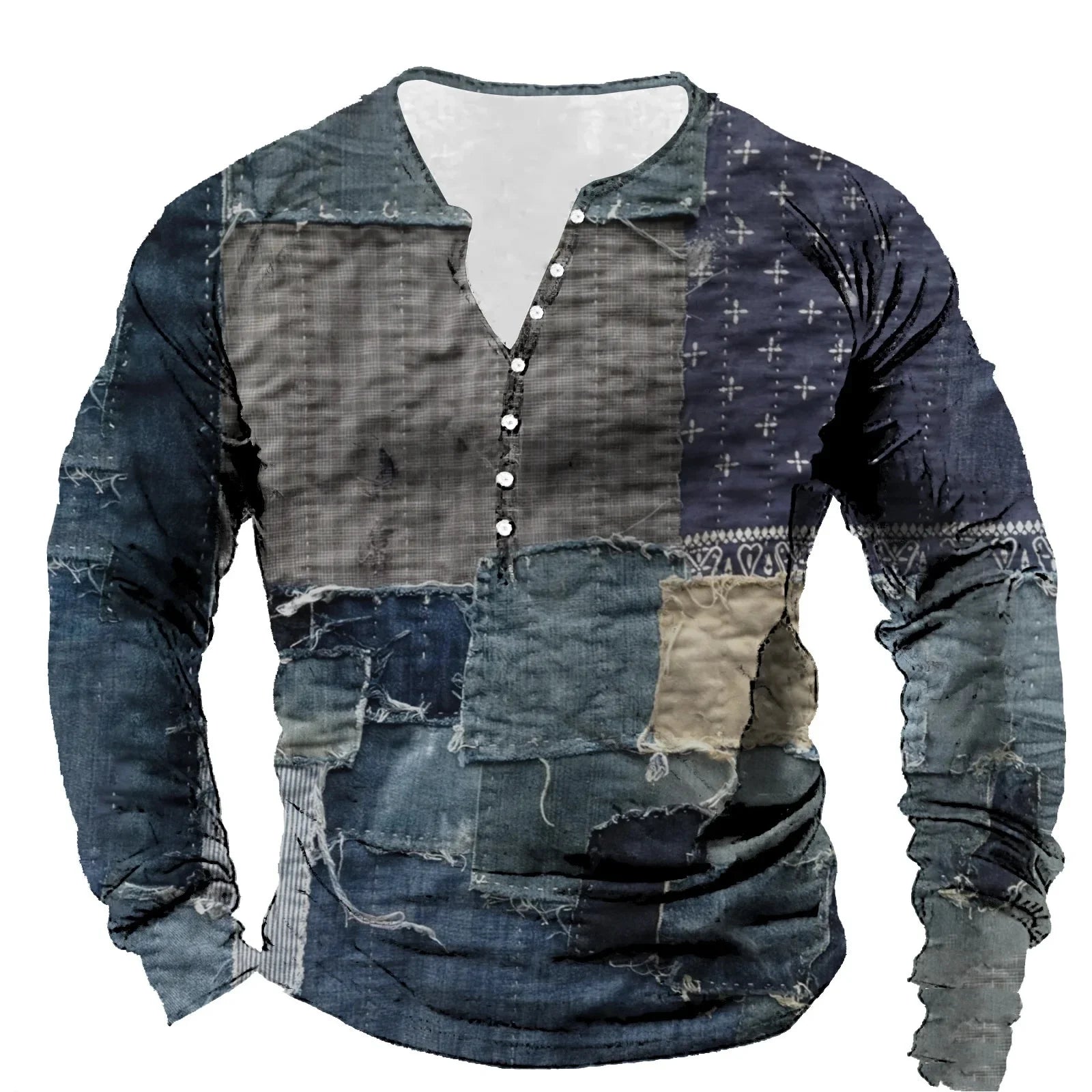 🛠️ The Denim-Patch Masterpiece: Premium Men’s 3D Printed Vintage T-Shirt – High-Definition Plaid & Denim Patchwork Graphic, Long-Sleeve Oversized Fit with Button Accents, and Sophisticated Urban-Grunge Streetwear Tee ACLLTHA240911A