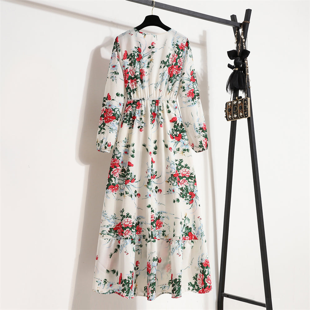 👗 Women’s Bohemian Maxi Dress – Spring Autumn Casual Chiffon Dress with Full Sleeves, High Waist, and Floral Print