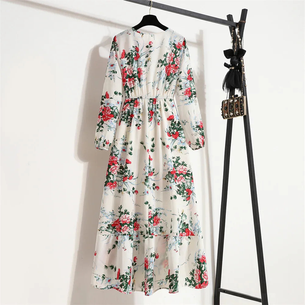 Women’s Bohemian Maxi Dress - Casual Chiffon Dress with Full Sleeves, High Waist, and Floral Print for Spring and Autumn