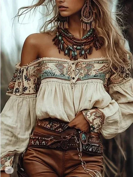 Chic Bohemian Off-Shoulder Blouse with Ethnic Print, Lantern Sleeves, and Single-Breasted Design for Trendy Summer & Autumn Casual Wear