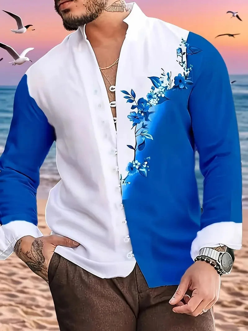 🎭 The Dual-Contrast 3D Edition: Premium Men’s Half-Color Floral Shirt – High-Definition 3D Split Graphic Print, Sophisticated Long-Sleeve Button-Down, and Modern-Fit Avant-Garde Evening Wear UQ598