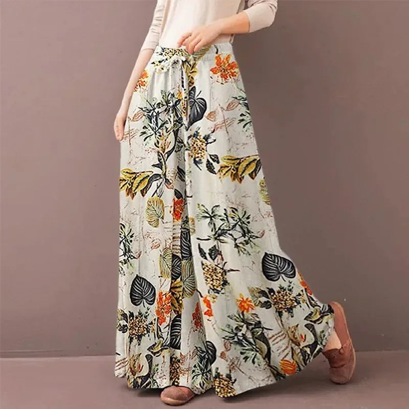 Women's Bohemian Floral Wide Leg Pants - Casual Drawstring Trousers for Spring and Autumn