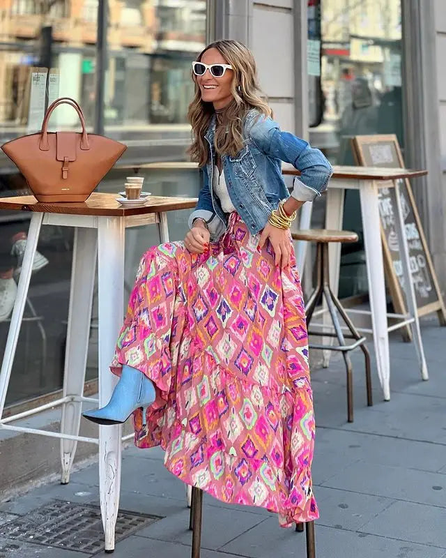 🌟 Bohemian Style Printed A-line Skirt Women Fashion Beach Vacation Loose Drawstring Ruffles Skirts Female Summer New Streetwear﻿