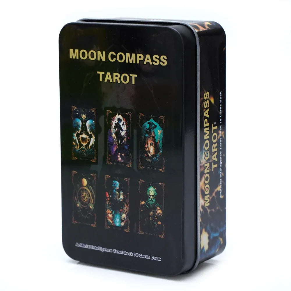 🌙 DMoon Compass Tarot & Del Toro Tarot Deck – 78 Cards | Gilded Edge, Paper Guidebook | Beginner Friendly | Tin Metal Box