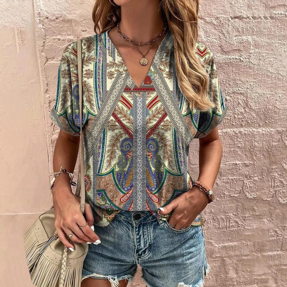 Retro Women’s Floral T-Shirt – Harajuku Style Short Sleeve V-Neck Casual Blouse S56VTX169