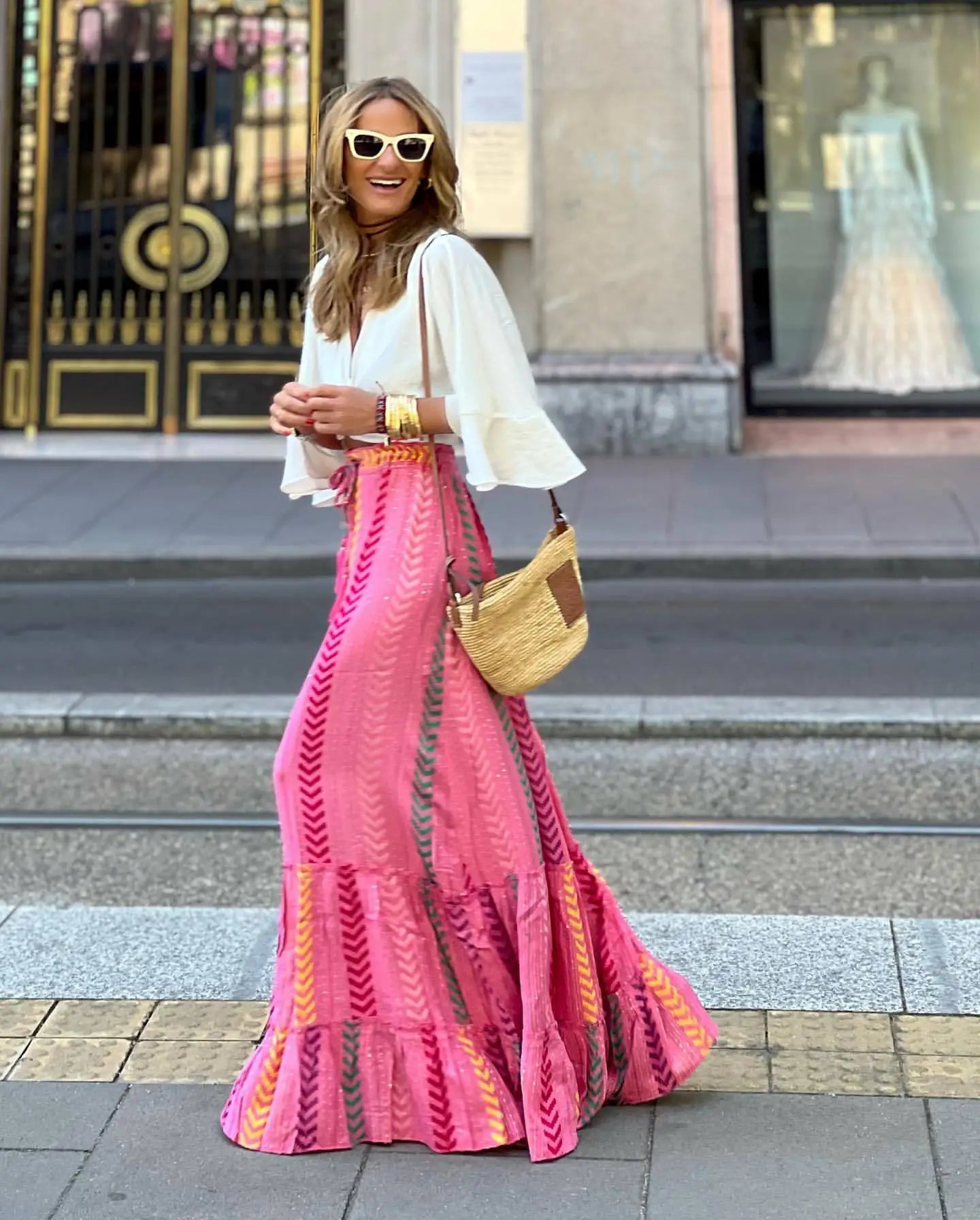 🌟 Bohemian Style Printed A-line Skirt Women Fashion Beach Vacation Loose Drawstring Ruffles Skirts Female Summer New Streetwear﻿