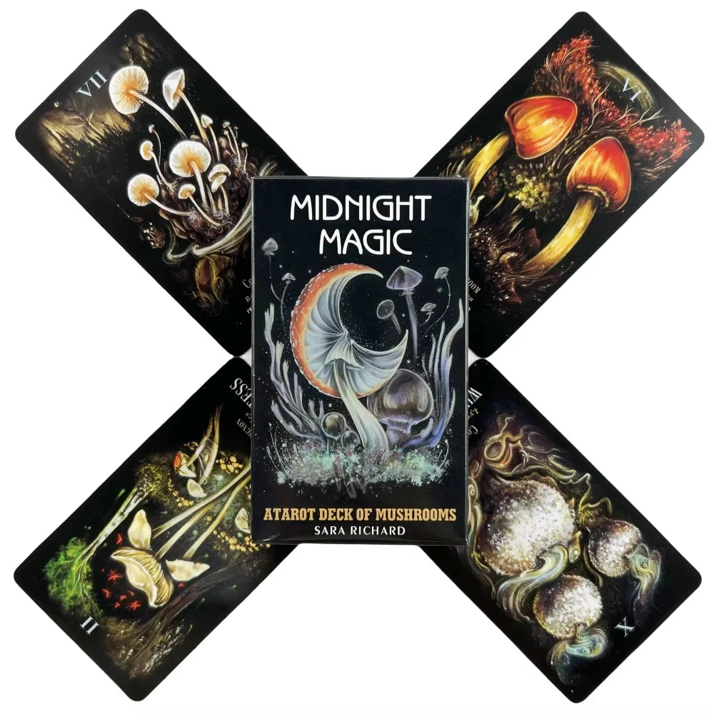 🍄 Midnight Magic Tarot Deck of Mushrooms – 78 Unique Cards | Rider-Waite Based | Stunning Fungi Illustrations | 138-Page Full-Color Guidebook Included | Compact Size 10.3 x 6 cm