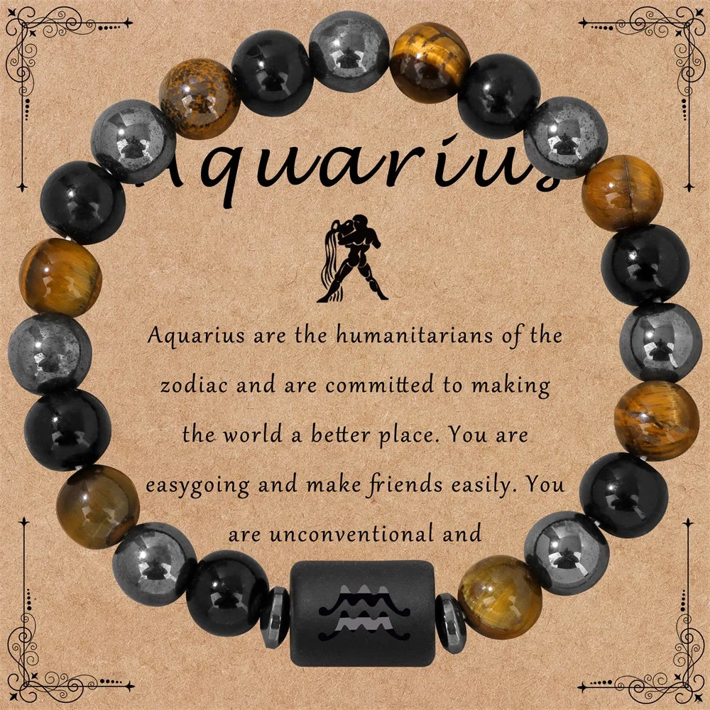 ✨ 12 Constellation Zodiac Sign Bracelet – Tiger Eye, Hematite & Obsidian Triple Protection Stone Beaded Bangle – Empowering Energy Jewelry Gift Aquarius