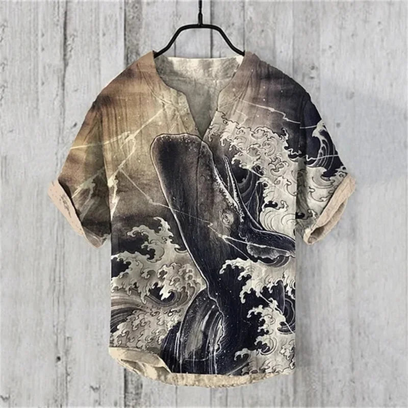 🌊 The Kanagawa Gallery Edition: Premium Men’s Summer V-Neck – High-Definition "The Great Wave off Kanagawa" Graphic Print, Breathable Linen-Blend Performance Fabric, and Sophisticated Modern-Fit Designer Tee HTY410