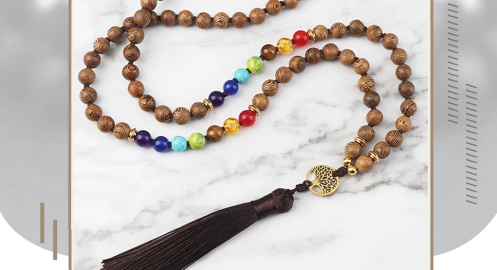 🌳 7 Chakra Wooden Japamala Necklace: Vintage Tree of Life 108 Bead Mala – Meditation, Yoga & Prayer Rosary with Healing Tassel