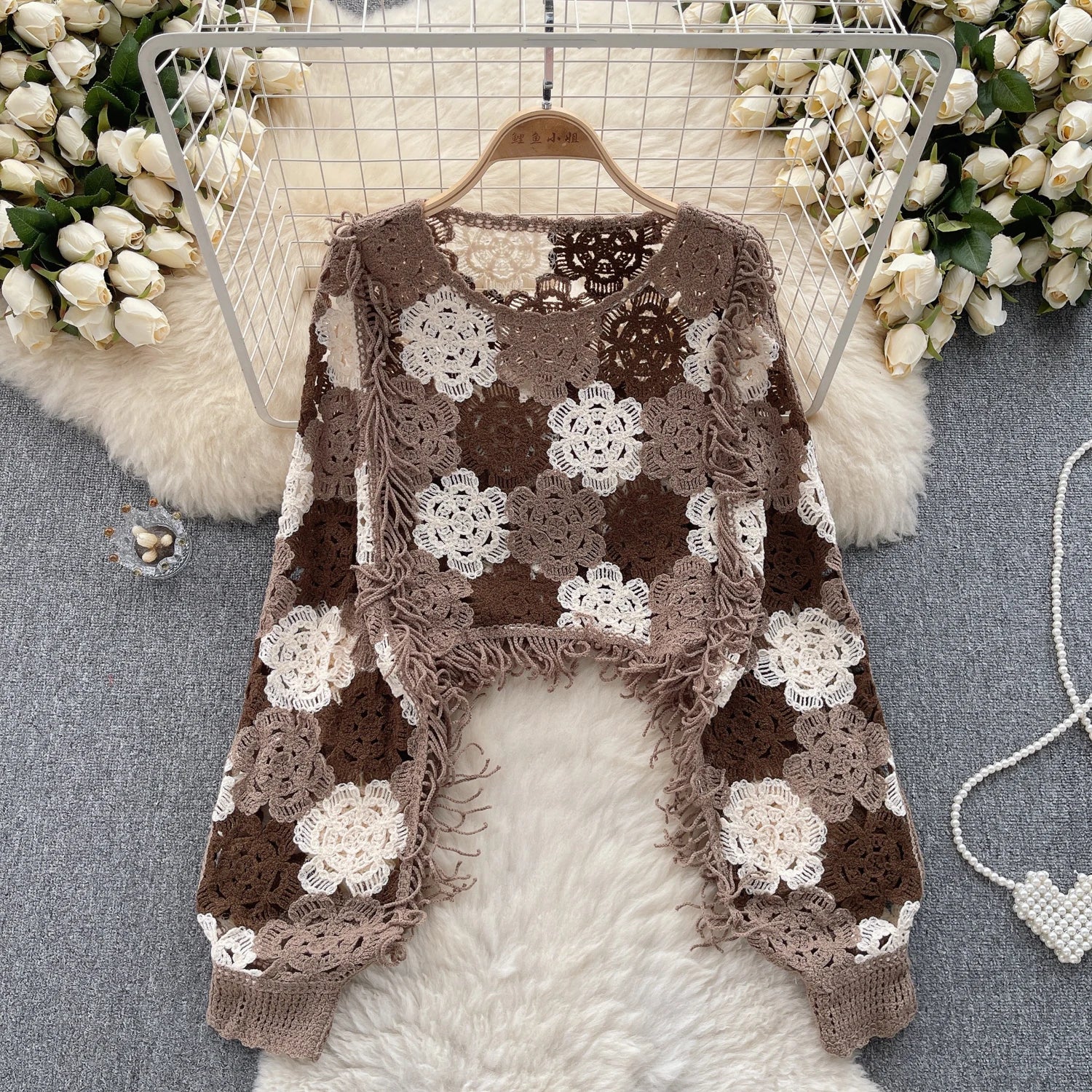 SINGREINY Bohemian Hollow Out Top - Tassels Knit Long Sleeve Blouse with Hook Flower Design for Vintage Y2K Chic Streetwear