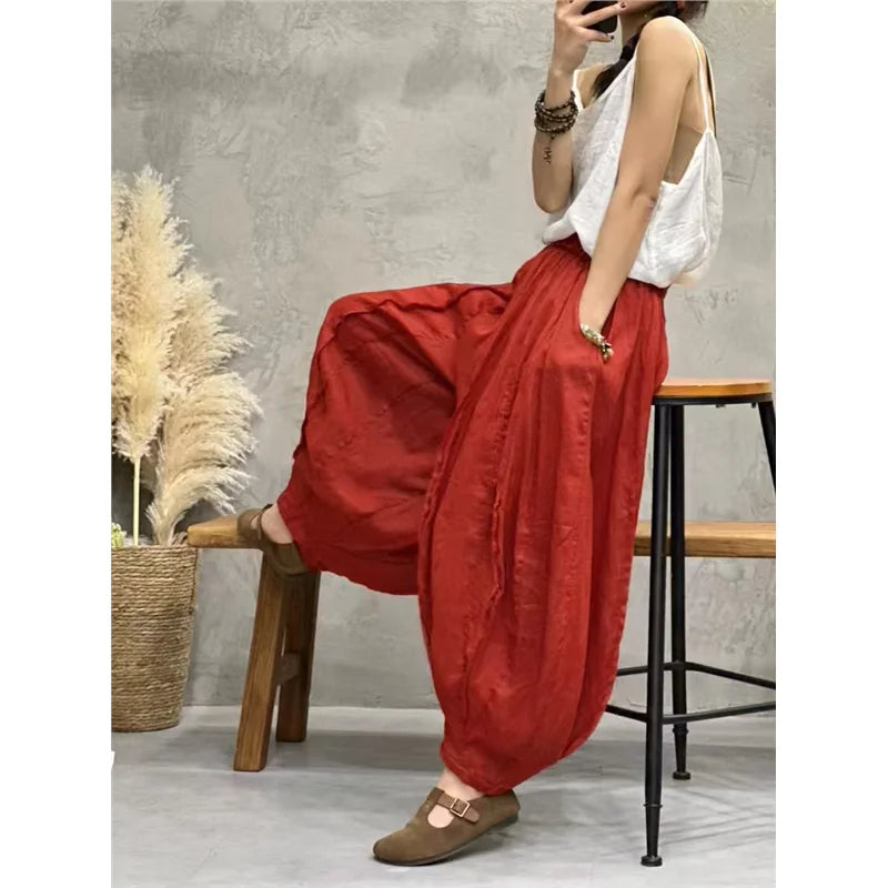 👖 Women’s Summer Autumn Cotton and Linen Bloomers Pants – Loose Fit, Vintage Floral Printed Bohemian Straight Trousers for Comfortable Fashion