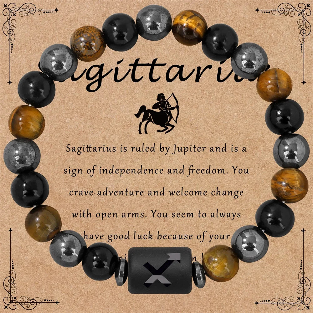 ✨ 12 Constellation Zodiac Sign Bracelet – Tiger Eye, Hematite & Obsidian Triple Protection Stone Beaded Bangle – Empowering Energy Jewelry Gift Sagittarius