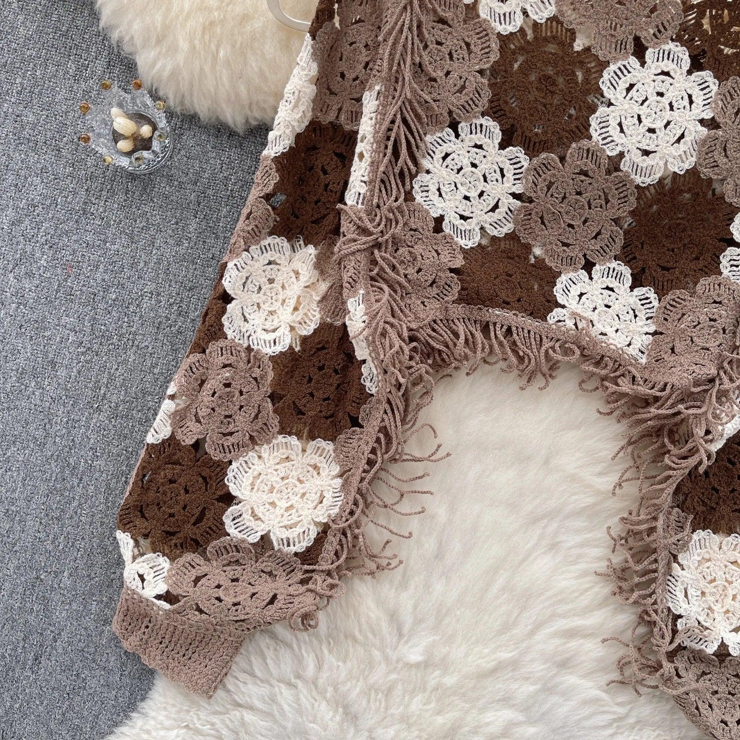 SINGREINY Bohemian Hollow Out Top - Tassels Knit Long Sleeve Blouse with Hook Flower Design for Vintage Y2K Chic Streetwear