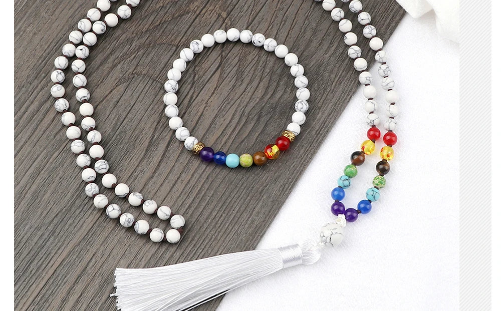 📿 108 Bead Howlite Japamala & 7 Chakra Bracelet Set: 6mm Hand-Knotted Mala Necklace – Calming Stone for Yoga Meditation & Anxiety Relief
