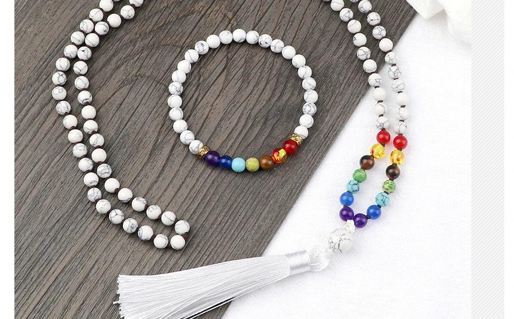 🤍 6mm White Howlite & 7 Chakra Hand-Knotted Mala Set (Necklace + Bracelet): Calming Sleep Aid & Anxiety Relief Yoga Jewelry – Meditation Japamala Rosary