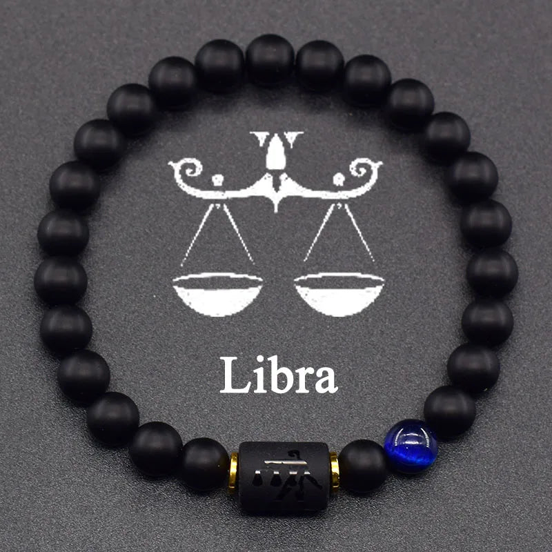 ✨ 12 Zodiac Constellation Signs Bracelet – Tiger Eye & Sparrow Picture Stone Beads – Virgo Charm Couple Jewelry for Men & Women 32 Libra 8 mm Beads