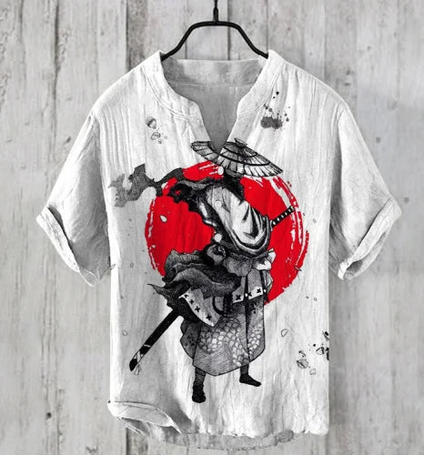 The Bamboo-Zen Anime Edition Premium Unisex Bamboo-Linen V-Neck Shirt - High-Definition Anime Feline Character Print Ultra-Breathable Eco-Fiber Blend Spring Summer Casual Button-Down Apparel