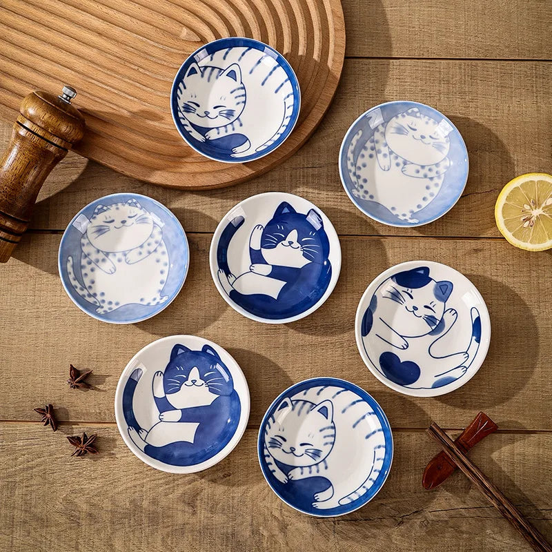 🍥 Japanese Style Ceramic Dessert Sauce Dish – Creative Cute Cartoon Lucky Cat Pattern | Water Drop Shape Fruit &amp; Sushi Plates | Free Shipping