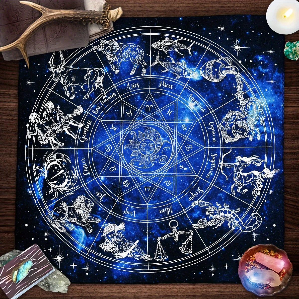 🃏 VIKAMA Zodiac Constellation Tarot Tablecloth & Coaster Set – Starry Divination Cloth for Reading Rooms, Astrology Altars & Card Protection