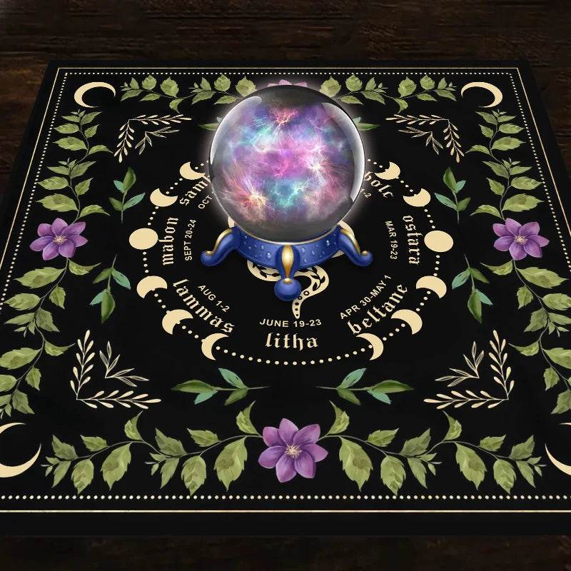 Black astrology tarot tablecloth with crystal ball moon phases zodiac names green vines and purple flowers