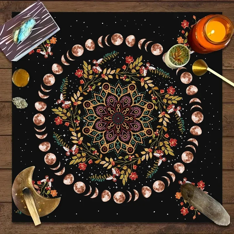 🌙 Moonlight Flower Tarot Card Table Cloth﻿ | Altar Card Mat & Witchcraft Astrology Supplies – Beautiful Decorative Card Mat for Sacred Rituals