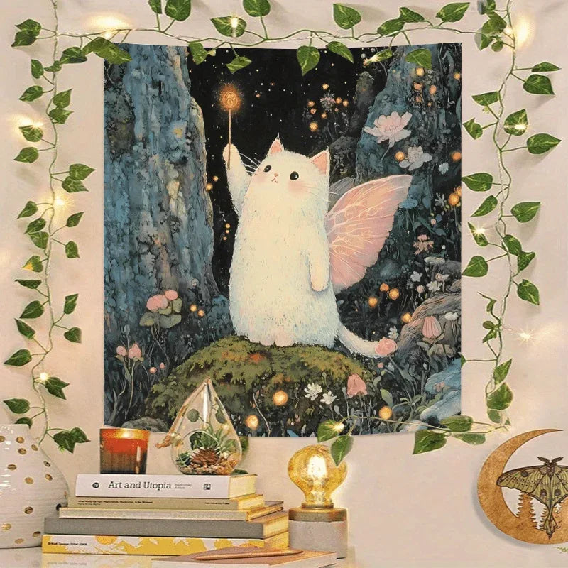 🔥 VIKAMA Magical Fairy Cat Tarot Tablecloth | Premium Mystical Altar Cloth – Machine Washable, Perfect for Tarot Divination & Meditation