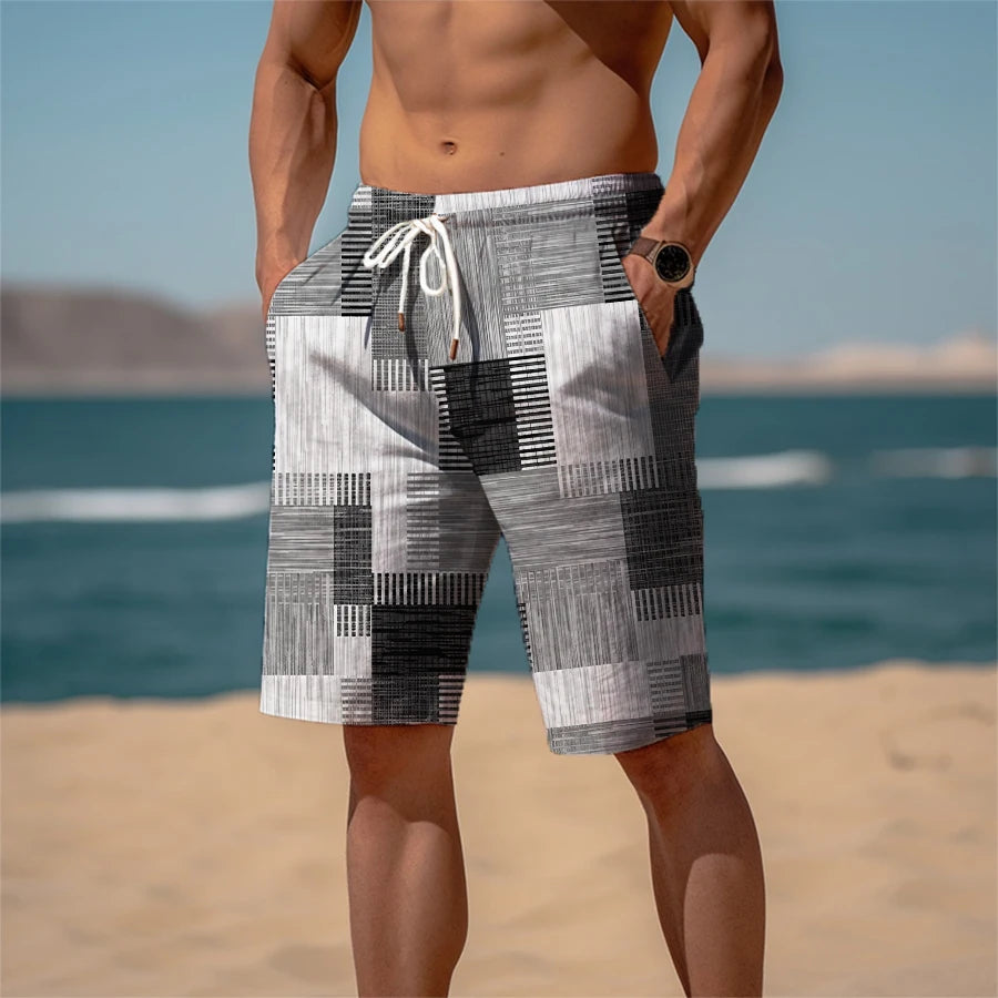 🏁 The Geometric Terry-Luxe Masterpiece: Premium Men's 3D Plaid Graphic Shorts – High-Definition Digital Print, Ultra-Soft Breathable Terry Fabric, and Mid-Rise Elastic Drawstring Waist (Daily & Beach Ready) DK2024TGBA030