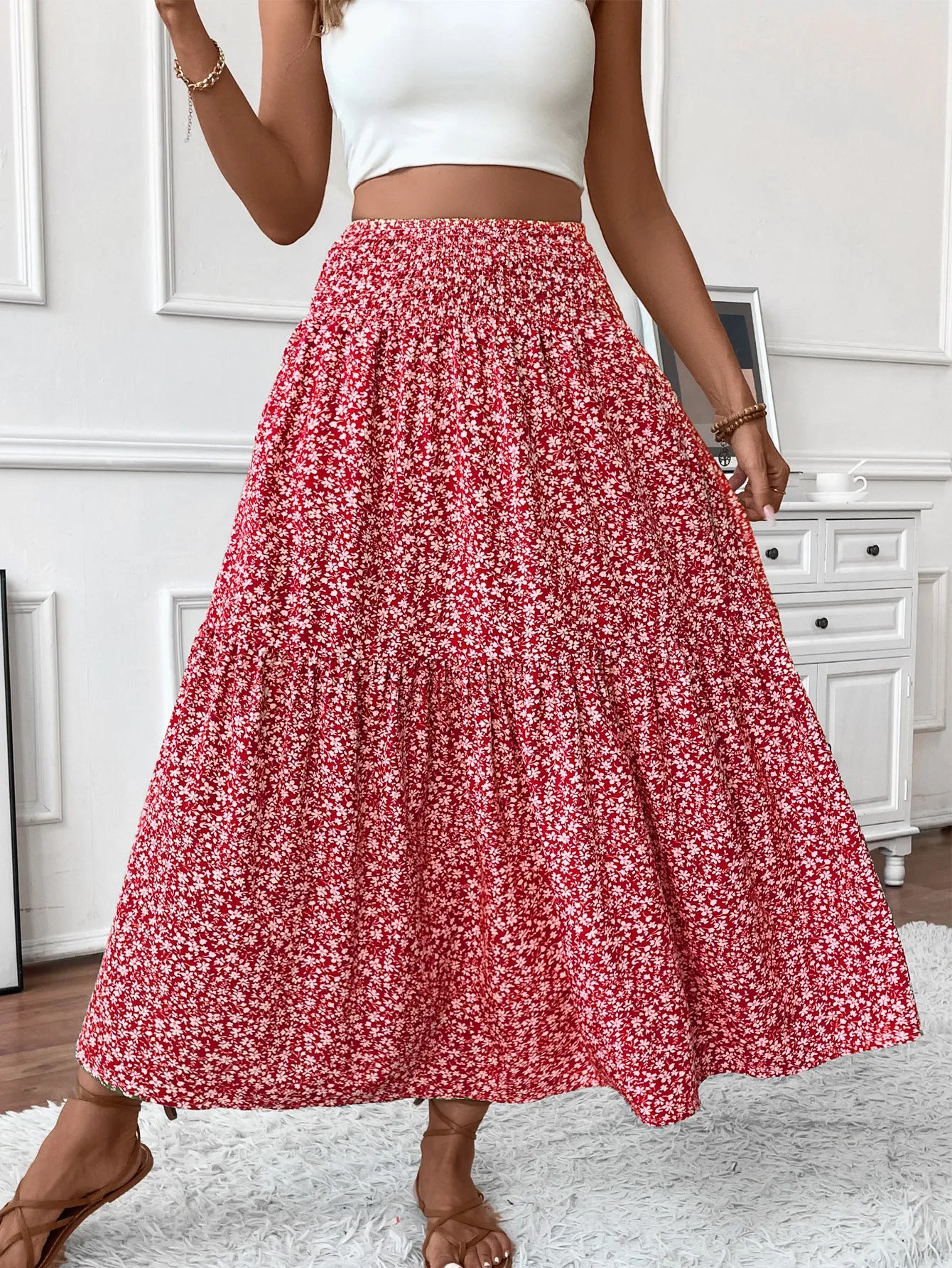 Women Floral Pleated Skirt – Retro High Waist Long Skirt for Stylish Casual Beach Wear Gold