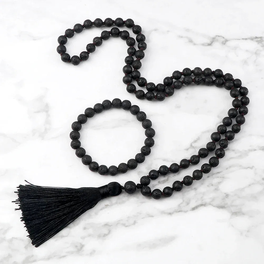 🐯 Natural Tiger Eye Stone Jewelry Set (Necklace & Bracelet): Healing Tassel Pendant & Sweater Chain – Confidence, Wealth & Protection Crystal for Women Black Lava