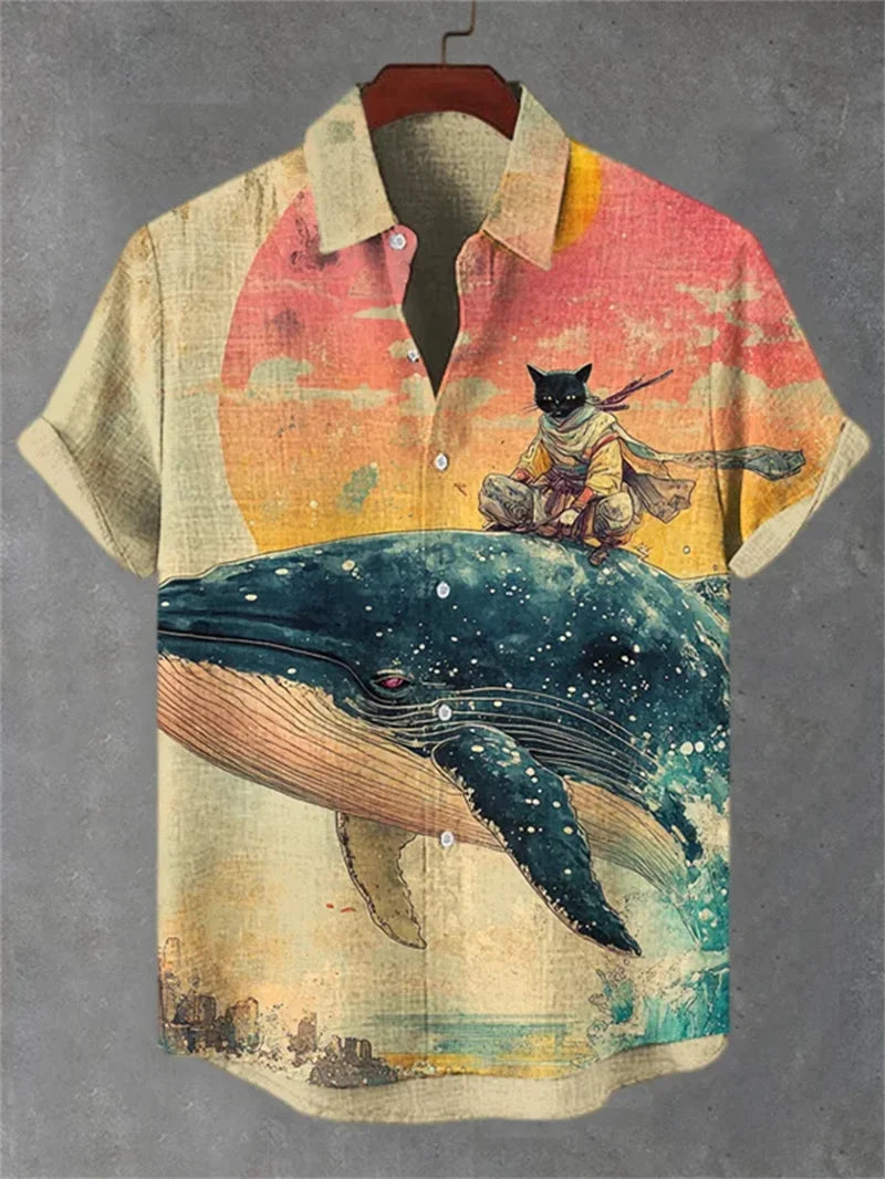 ✨ Emerald Noir Retro-Linen Cat Shirt: Men’s Artistic Dark Green Short Sleeve Top with Vintage Black Cat Graphic & Breathable Heritage Fabric (2026 Edition) JU796