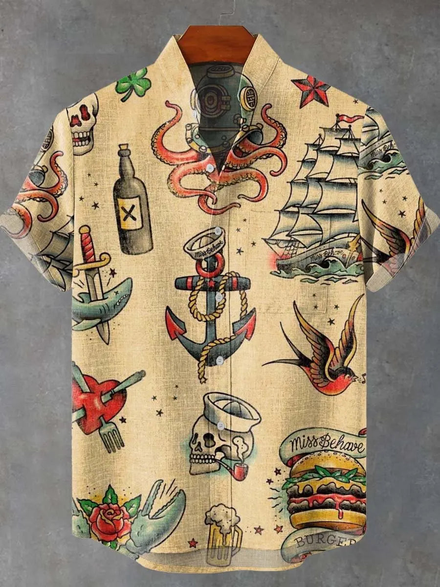🎨 The Vintage Feline Art Edition: Premium Men’s Summer Shirt – High-Definition Floral & Cat Graphic Print, Breathable Quick-Dry Fabric, and Sophisticated Retro-Style Casual Button-Down HY477