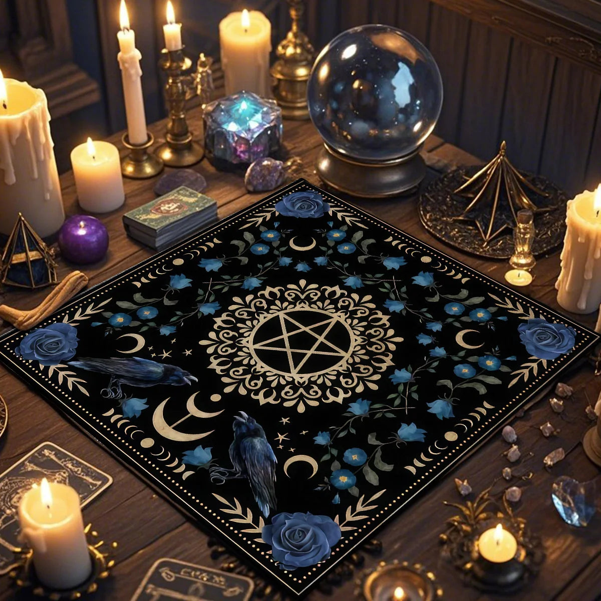 🃏Crow & Moon Phase Tarot Tablecloth – Star Divination Altar Cloth for Runes, Witchcraft Rituals & Mystical Party Game Decor