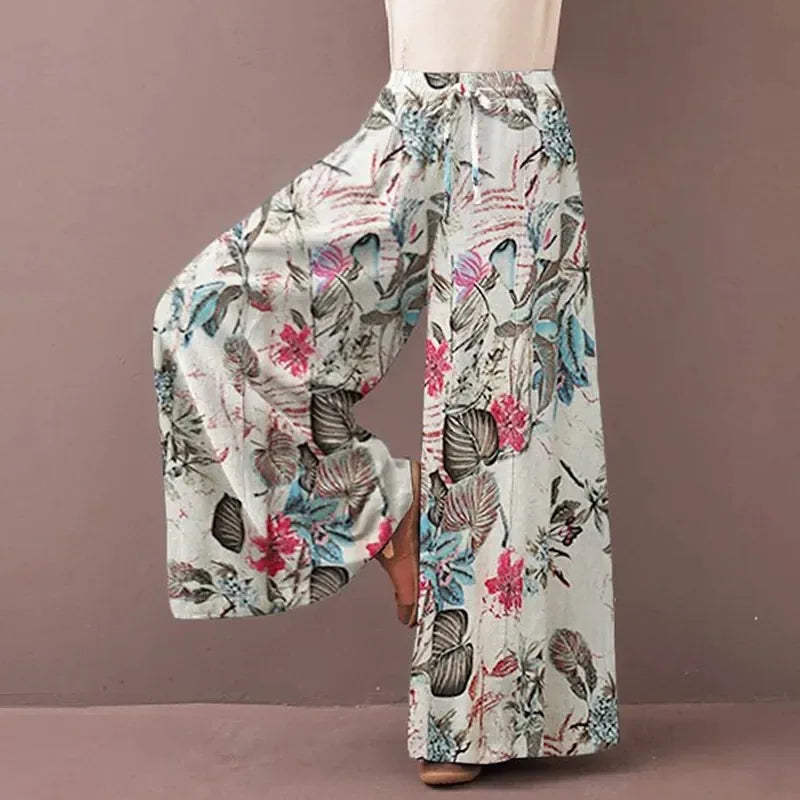 👖 Women’s Floral Print Wide Leg Pants – Spring Autumn Bohemian Drawstring Casual Trousers