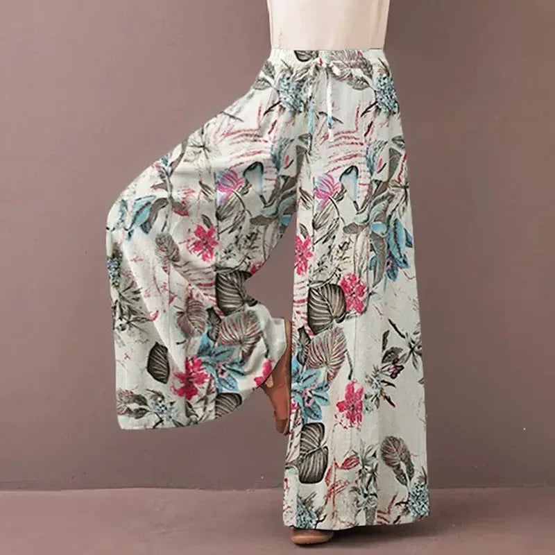 Women's Bohemian Floral Wide Leg Pants - Casual Drawstring Trousers for Spring and Autumn