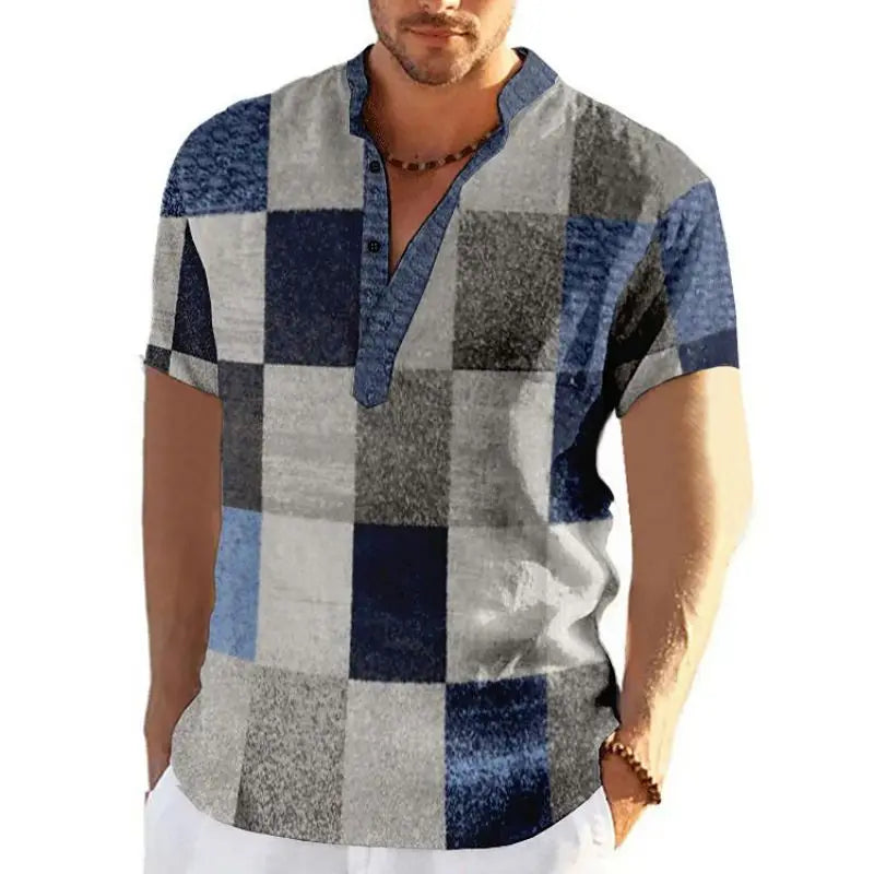 🎨 The Neo-Vintage 3D Patchwork Henley: Premium Men's Color-Block Fashion Tee – High-Definition Digital Print, Breathable Short-Sleeve 3-Button Henley, and Sophisticated Slim-Relaxed Fit