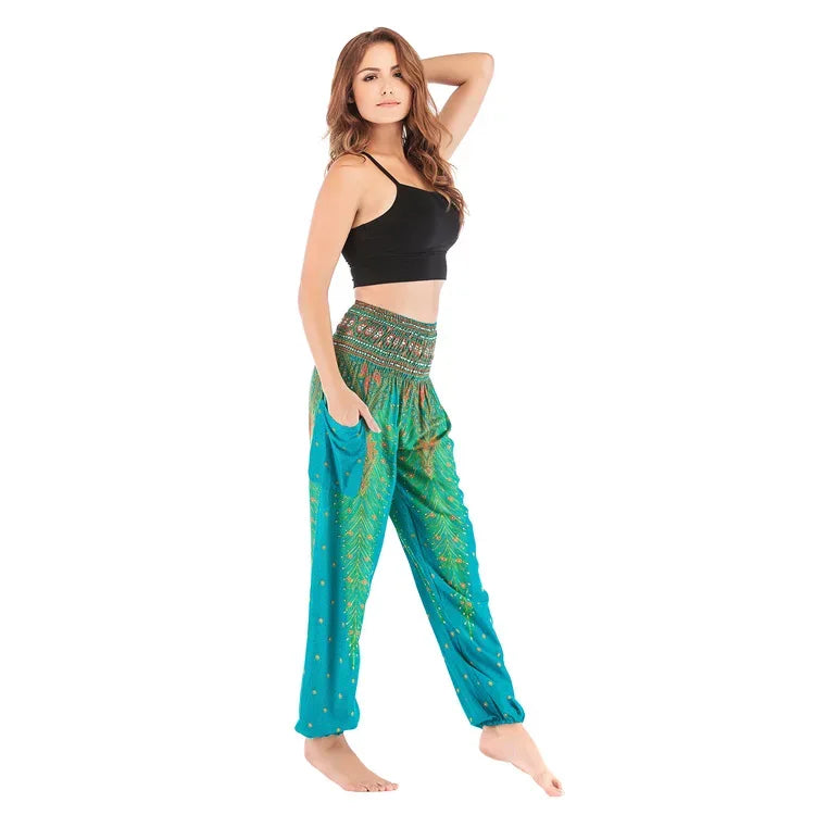 Women's Boho Yoga Pants - High Waist Floral Print Harem Leggings with Pockets for Comfort and Style