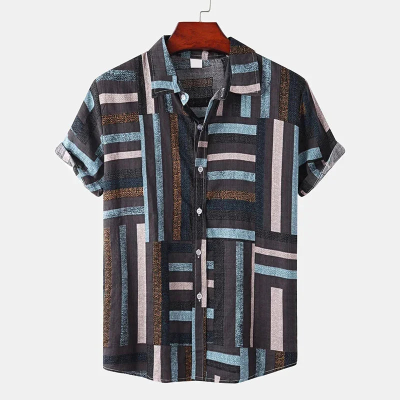🎨 The Chromatic Patchwork Aloha Masterpiece: Premium Men's Vintage-Style Hawaiian Shirt – High-Definition Colorful Geometric Print, Breathable Short-Sleeve Button-Down, and Signature Loose-Fit Silhouette Shirts-YSY06708