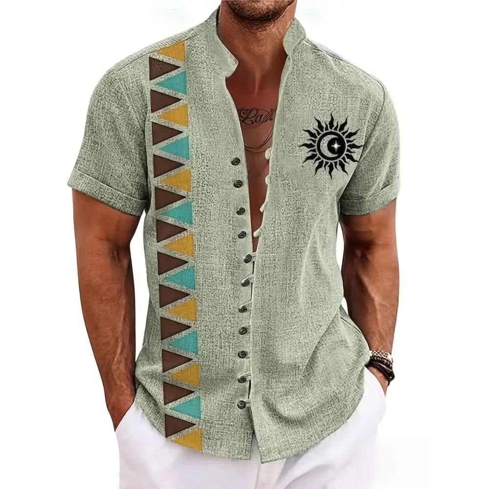 🗿 The Ethnic Totem Edition: Premium Men’s Modern-Retro Linen Shirt – High-Definition Tribal Totem Graphic Print, Breathable Organic Cotton-Linen Blend, and Sophisticated Urban-Casual Short-Sleeve bkcs1