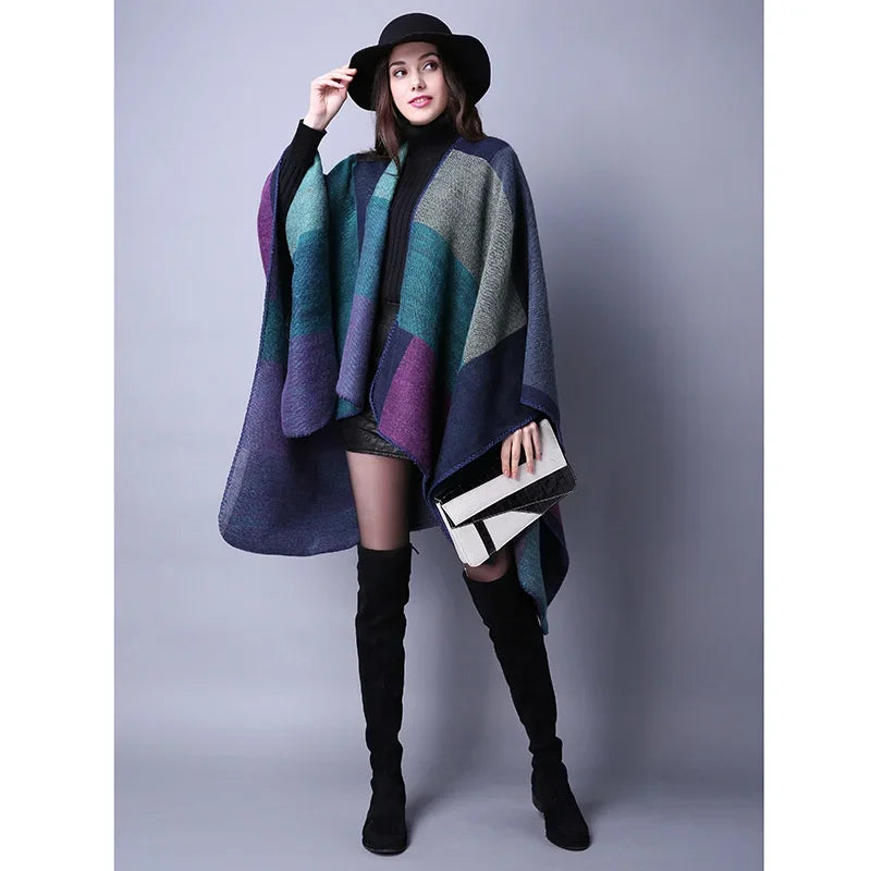 Winter Fashion Poncho Women Capes Scarf Imitation Cashmere Ladies Scarves Warm Shawls Wraps Woman Ponchos Bufanda Mujer Foulard One Size 2-purple