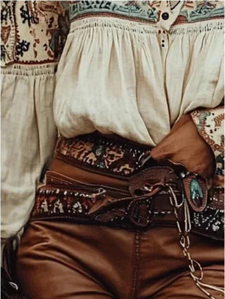 Chic Bohemian Off-Shoulder Blouse with Ethnic Print, Lantern Sleeves, and Single-Breasted Design for Trendy Summer & Autumn Casual Wear