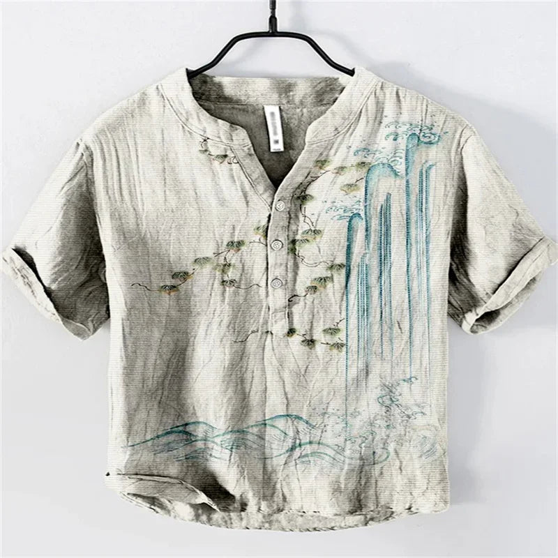 🖌️ The Zen Ink Artisan: Premium 2026 Men’s 3D Japanese Landscape Shirt – High-Definition Bamboo, Bird & Koi Ink-Wash Print, Breathable Wrinkle-Resistant Hybrid, and Sophisticated Henry V-Neck Casual Button-Down